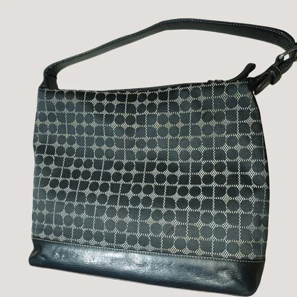 Kate Spade Should Bag New York Black Beige Canvas Leather Patterned Shoulder - Picture 7 of 8